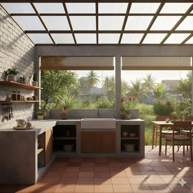 Desain Dapur Kecil Ala Tropis dengan Nuansa Kayu untuk Rumah Desa yang Hangat
