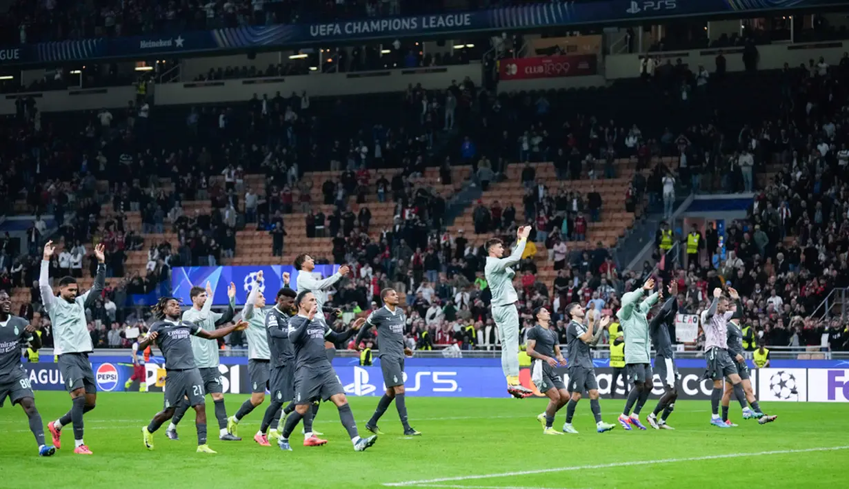 AC Milan mencatat kemenangan perdana dalam Liga Champions musim ini setelah mengalahkan Club Brugge 3-1 di Stadion San Siro, Milan, Rabu dini hari WIB. Tijjani Reijnders tampil efektif dan memborong dua gol buat Milan. (AP Photo/Antonio Calani)