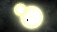 Ilustrasi planet Kepler-1647 b yang mengorbit dua bintang (Lyentte Cook)