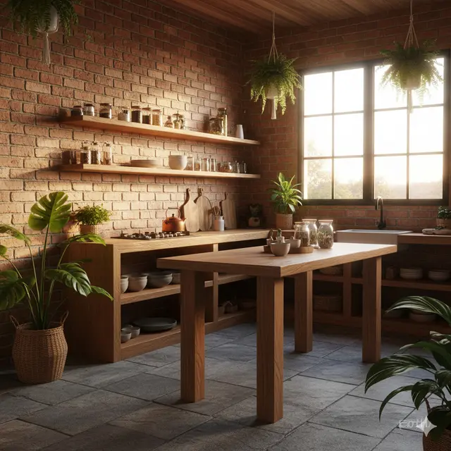 Model Dapur Rustic Tropis dengan Pencahayaan Alami dan Dinding Bata Merah. Gemini