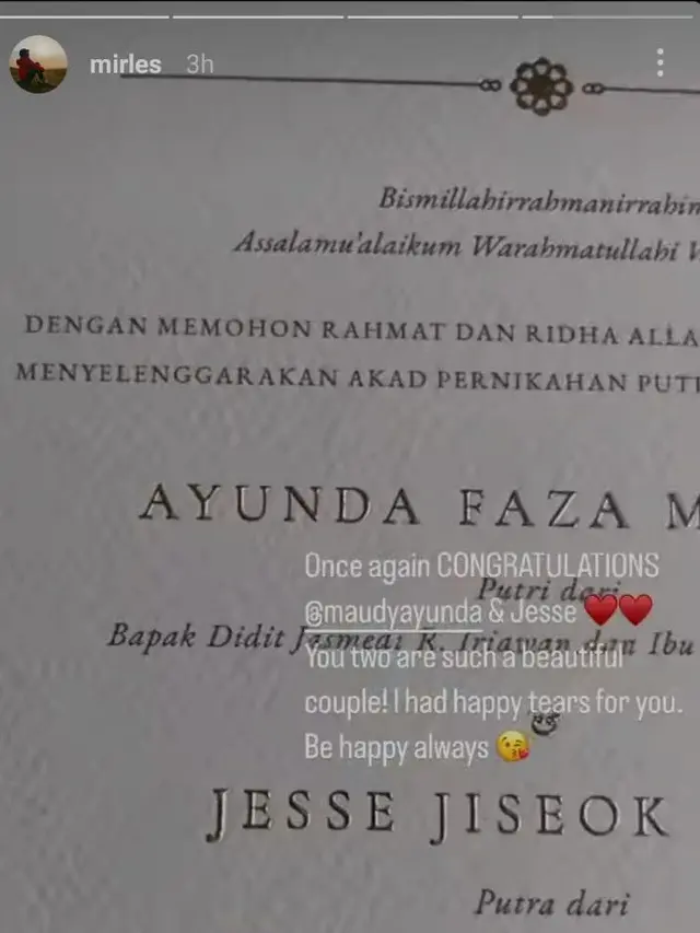 Undangan pernikahan Maudy Ayunda. (Foto: Instagram Stories @mirles)