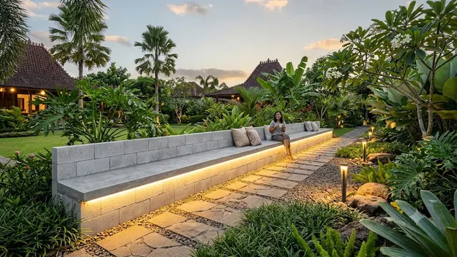 Model Bangku Bata Ringan yang Cocok Dipadukan dengan Lampu Taman (AI Generated)