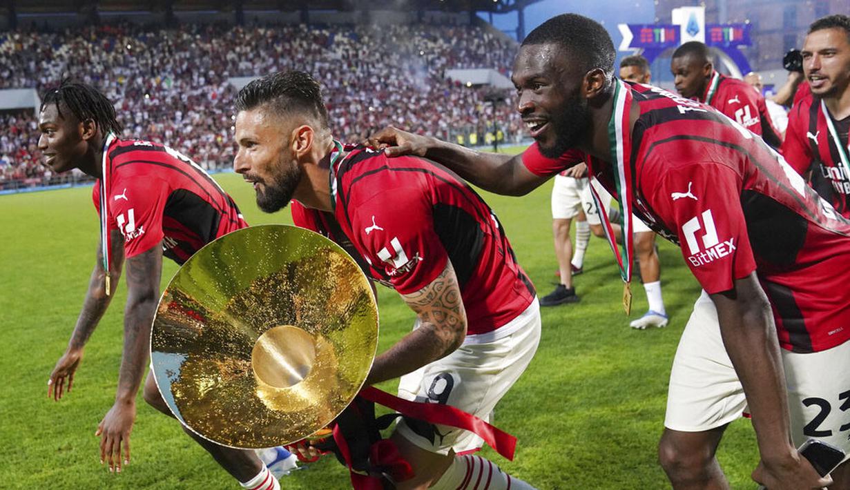 Ketiga gol kemenangan AC Milan dicetak Olivier Giroud pada menit ke-17 dan 32', serta Franck Kessie menit ke-36. (Spada/LaPresse via AP)