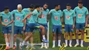 Para pemain Brasil mengambil bagian dalam sesi latihan di pusat pelatihan tim Palmeiras di Sao Paulo, Brasil, pada 8 Oktober 2024. (Nelson ALMEIDA/AFP)