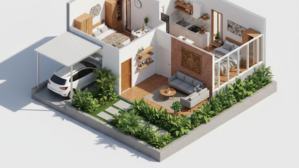 10 Denah Rumah Tipe 36 dengan Carport dan Taman Depan, Minimalis Modern