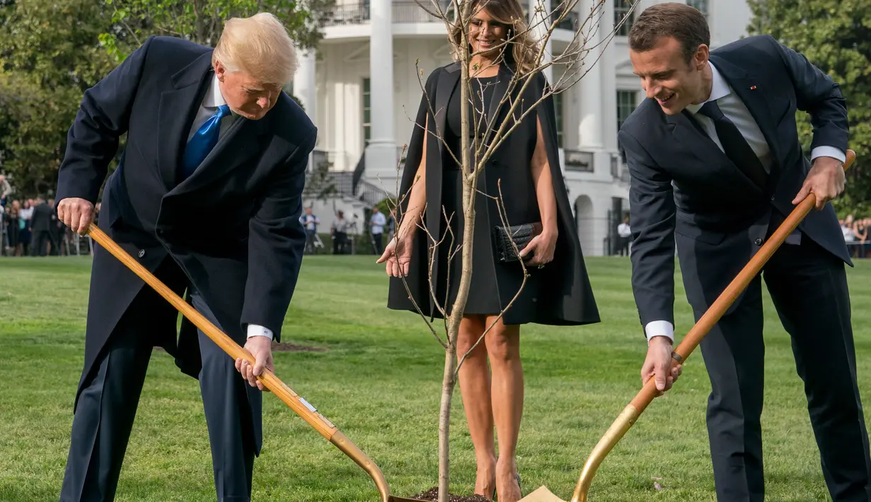 Presiden AS Donald Trump bersama Presiden Prancis Emmanuel Macron saat upacara penanaman pohon di Gedung Putih, Washington (23/4). Pohon itu hadiah dari Presiden Macron yang berasal dari Belleau Woods, dekat Sungai Marne. (AP Photo / Andrew Harnik)
