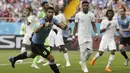 Pemain Uruguay, Luis Suarez merayakan gol ke gawang Arab Saudi pada laga grup A Piala Dunia 2018 di Rostov Arena, Rostov-on-Don, Rusia, (20/6/2018). Uruguay menang 1-0. (AP/Andrew Medichini)