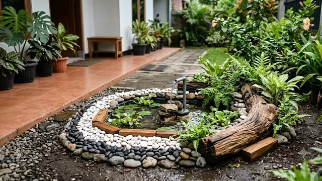 Percantik Bagian Tepi Kolam Menggunakan Batu Koral dan Kayu Dekoratif (AI Generated)