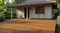 Perpaduan Lantai Teras Motif Kayu dengan Rumah Desa Sederhana
