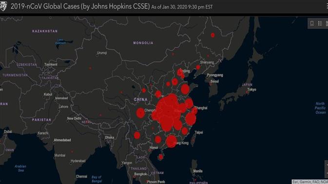 Peta online persebaran virus corona Wuhan, yang diakses pukul 12.40 WIB pada Jumat, 31 Januari 2020. (Printscreen gisanddata.maps.arcgis.com)