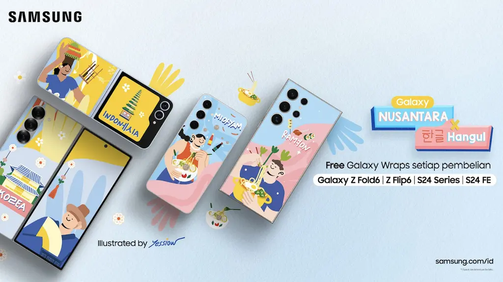 Tema Culinary menghadirkan ilustrasi ikonik dari dua makanan terkenal: Mie Ayam dan Ramyeon. Foto: Document/Samsung