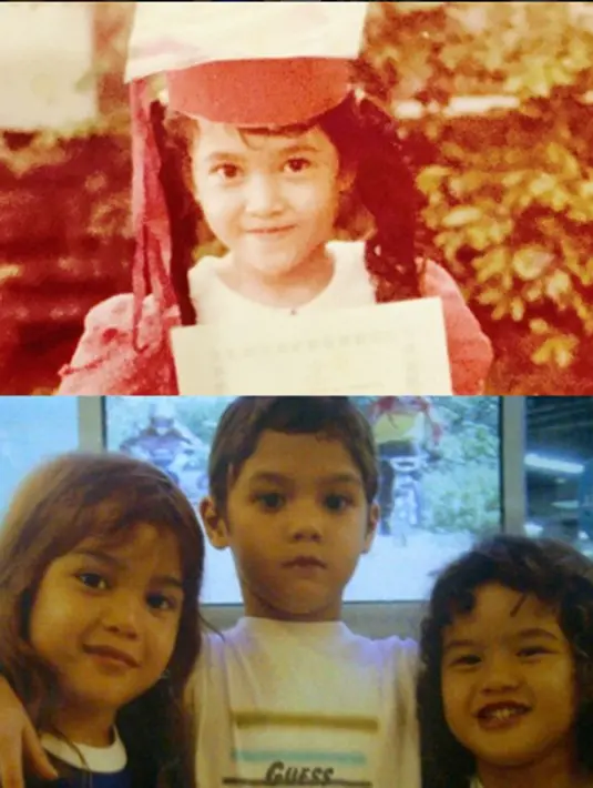 Foto menggemaskan ini merupakan potret Maia Estianty ketika masih kecil (atas), dan di bawah merupakan foto ketiga anaknya dari pernikahannya dahulu dengan Ahmad Dhani yaitu Al, El, dan Dul ketika masih kecil. (via instagram/@maiaestiantyreal)
