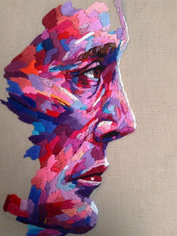 Seniman asal inggris ini membuat sketsa wajah meggunakan jarum dan benang dengan banyak warna. (Sumber foto: @pajnsy/Instagram)