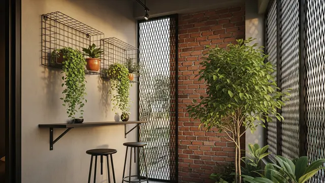 Teras Industrial Unik dengan Pagar Expanded Metal