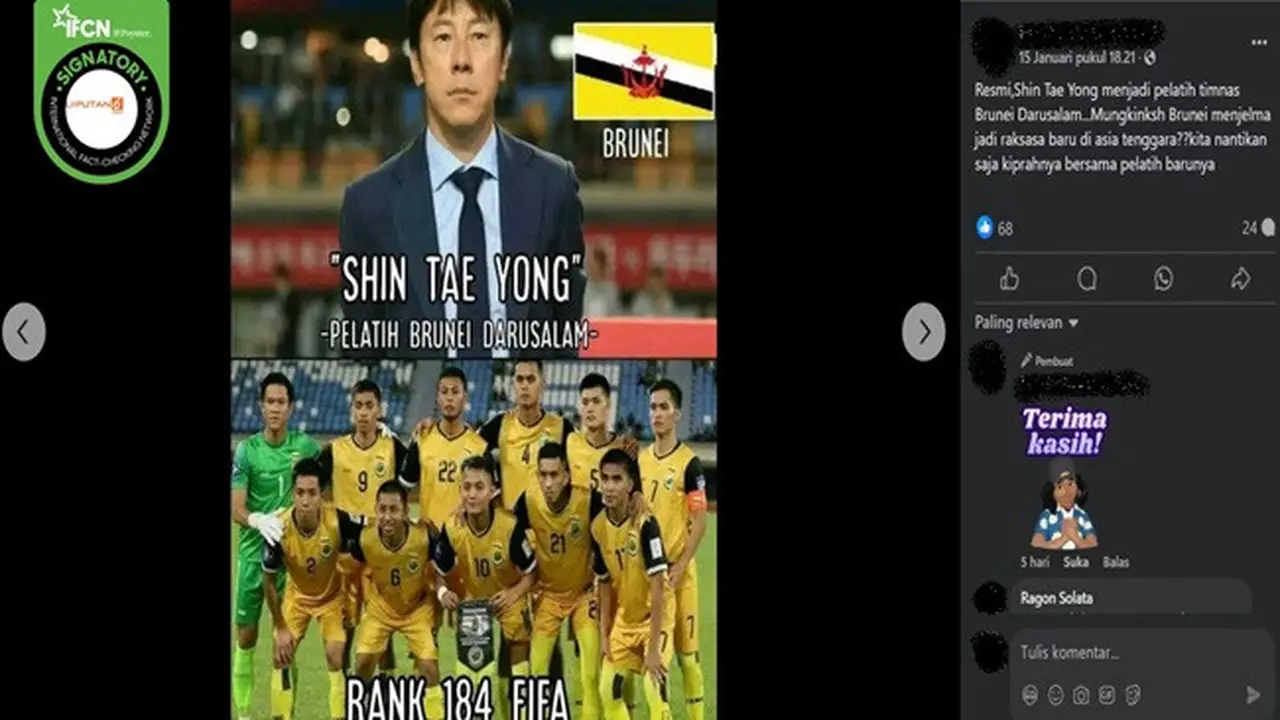 Gambar tangkapan layar kabar tentang pelatih sepak bola asal Korea Selatan, Shin Tae-yong melatih Timnas Brunei Darussalam. (sumber: Facebook)