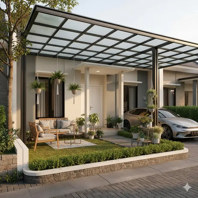 Desain Rumah Tipe 36 dengan Kanopi Mobil dan Halaman Depan
