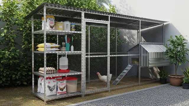 Kandang Ayam dari Besi Siku Lubang Model Multifungsi dengan Rak Penyimpanan