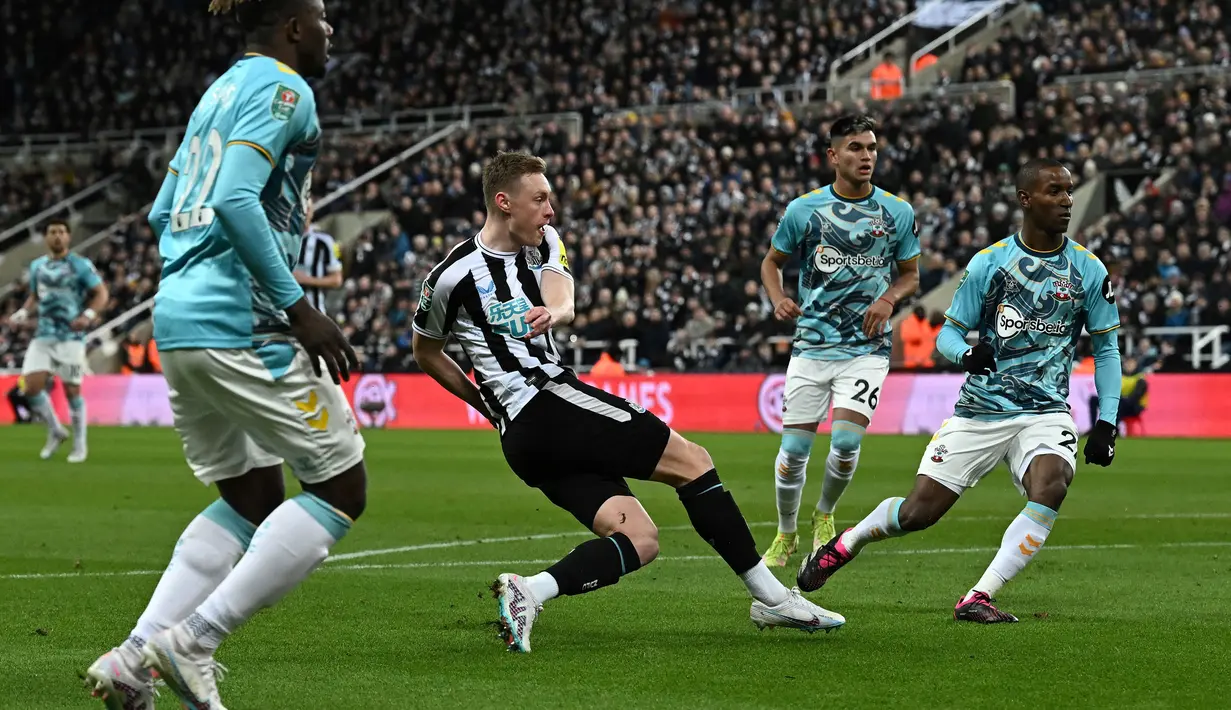 Pemain Newcastle, Sean Longstaff mencetak gol pertama timnya ke gawang Southampton pada laga semifinal Carabao Cup 2022/2023 yang berlangsung di St James Park, Rabu (1/2/2023) WIB. The Magpies berhasil menang dengan skor 2-1. (AFP/Paul Ellis)