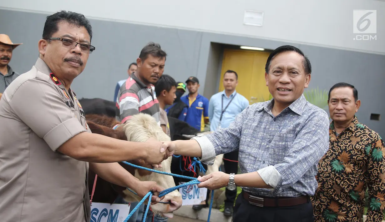 Direktur SCM Imam Sudjarwo menyerahkan 1 ekor sapi ke Kapolsek Kebon Jeruk Kompol M. Marbun  saat penyerahan hewan kurban 1439 H, Jakarta, Kamis (16/8). SCM membagikan hewan kurban sebanyak 5 sapi dan 45 kambing. (Liputan6.com/Herman Zakharia)