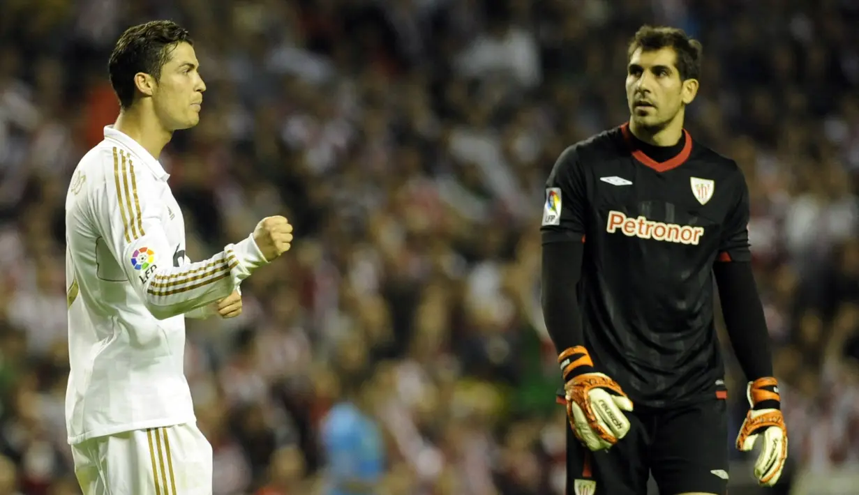 Gorka Iraizoz. Kiper Spanyol berusia 40 tahun yang telah pensiun bersama Girona pada Juli 2019 ini mampu menggagalkan satu eksekusi penalti Cristiano Ronaldo. Itu terjadi saat ia berseragam Athletic Bilbao menghadapi Real Madrid di ajang Liga Spanyol musim 2011/2012. (AFP/Rafa Rivas)