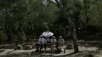 Wisatawan duduk di tempat teduh di luar bukit kuno Acropolis saat hari yang panas di Athena, Yunani, Rabu (12/6/2024). (STRINGER / AFP)