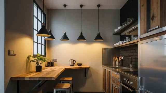 Dapur Industrial Modern dengan Meja Sudut Trapesium