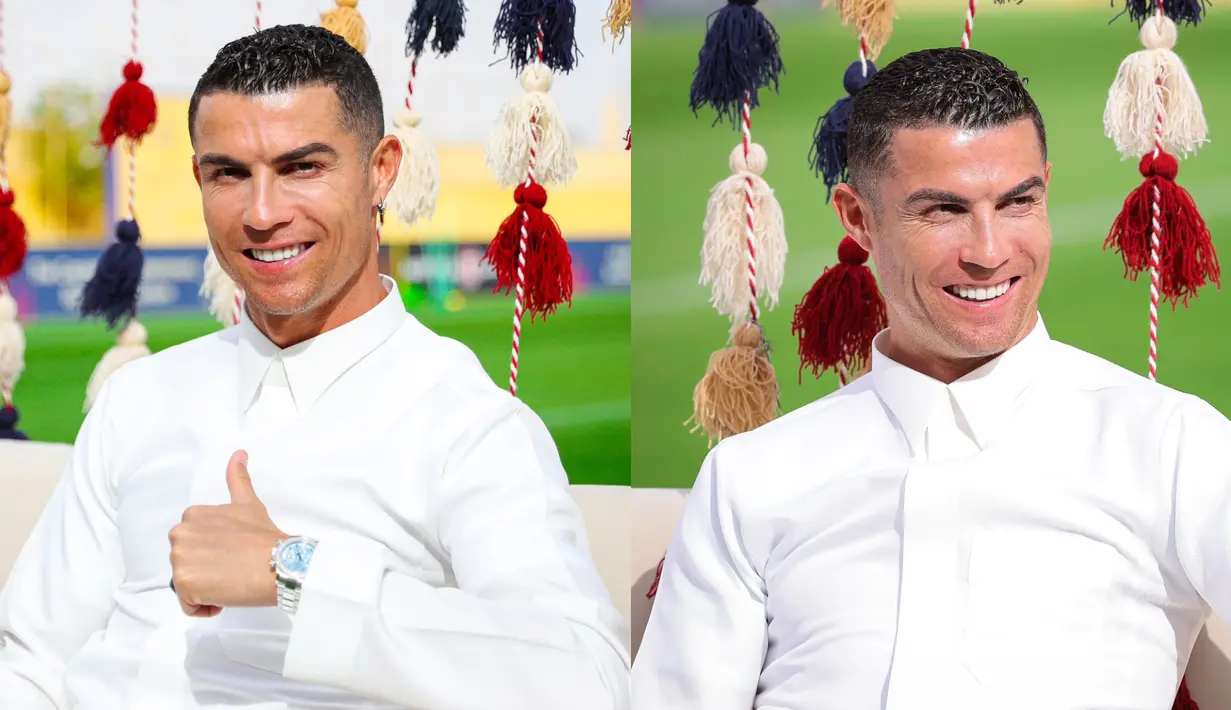 Kolase foto: Pemain Al-Nassr, Cristiano Ronaldo memakai gamis saat memperingati Hari Pendirian Kerajaan Saudi atau Founding Day di tempat berlatih pada Rabu (22/02/2023). (Twitter/@AlNassrFC)