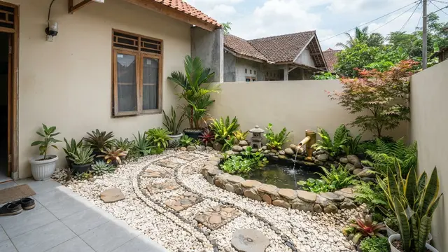 Gaya taman kering estetik ala resort di rumah mungil jadi ekslusif model dengan taman mini