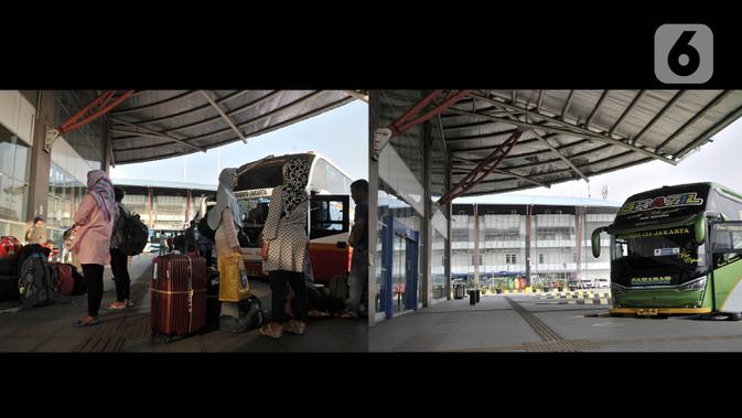 Foto kombo yang menunjukkan aktivitas pemudik pada H-8 Idul Fitri tahun lalu di Terminal Pulo Gebang, Jakarta, Selasa (28/5/2019) dan suasana sepi arus mudik akibat pandemi virus corona COVID-19 di Terminal Pulo Gebang, Minggu (17/5/2020). (merdeka.com/Iqbal S. Nugroho)