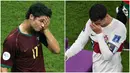 Foto kolase ekspresi pemain timnas Portugal, Cristiano Ronaldo usai dikalahkan Prancis di semifinal Piala Dunia 2006 (kiri) dan ekspresi Ronaldo usai Portugal dikalahkan Maroko dalam perempat final Piala Dunia 2022. (Foto-foto; AFP/Aris Messinis, Nelson Almeida)