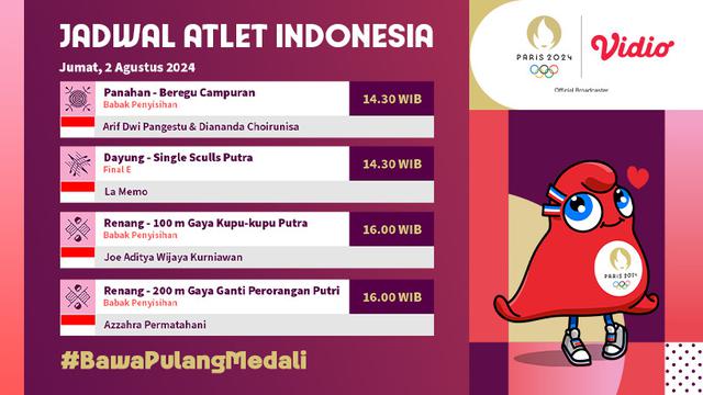 Jadwal Tim Indonesia Olimpiade Paris 2024 di Vidio, 2 Agustus 2024