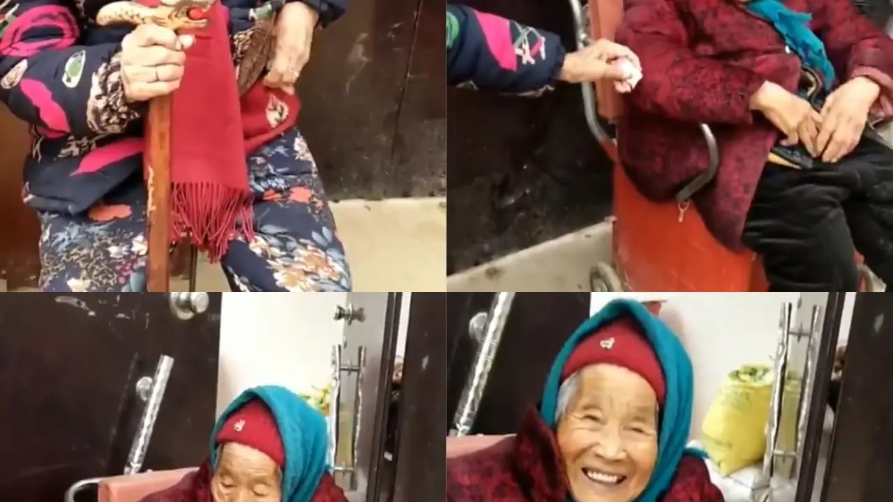 Ibunya yang berusia 106 tahun, mendapatkan permen dari pernikahan dan ingin membagi kepada putrinya yang berusia 84 tahun. (Source: tangkapan layar dari akun Twitter People's Daily, China)