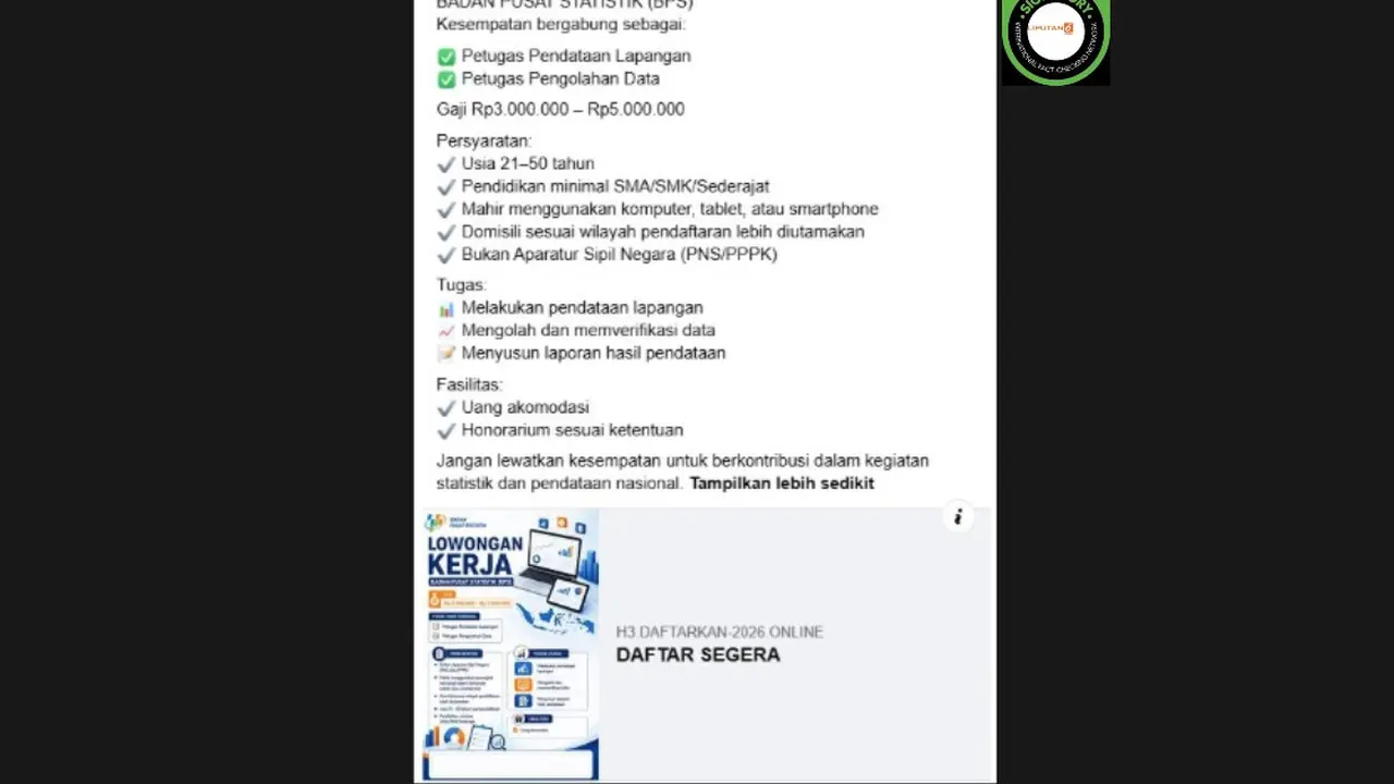 Cek Fakta Liputan6.com mendapati klaim tautan atau link pendaftaran Petugas BPS.