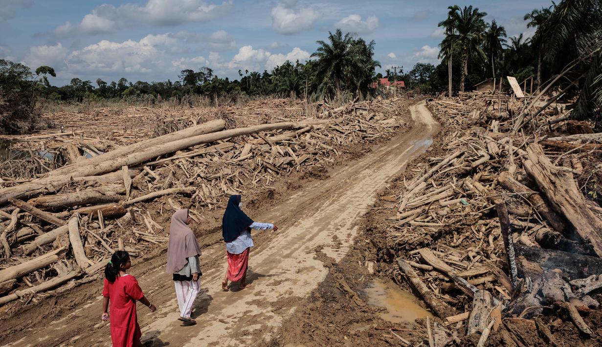 Aceh Tamiang menjadi salah satu daerah yang paling terdampak bencana banjir bandang Sumatera yang terjadi pada (26/11/2025) lalu. Tampak dalam foto, para wanita melintasi jalan yang telah dibersihkan dari pohon-pohon tumbang pasca banjir bandang di Aceh Tamiang, pada Rabu 10 Desember 2025. (Aditya Aji/AFP)