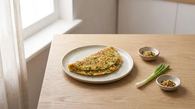 ilustrasi Resep telur dadar isi mi instan dan daun bawang