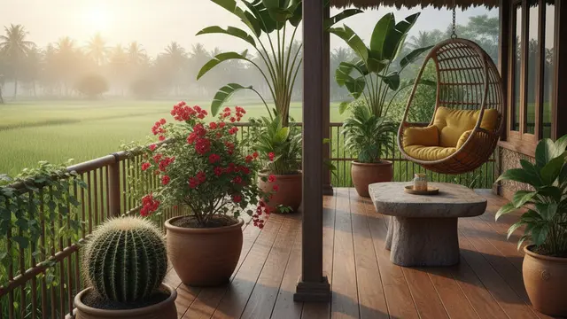 Desain Teras Rumah dengan Taman Mini di Desa. AI