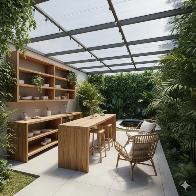 Desain Dapur Sekaligus Ruang Santai Outdoor di Rumah Tropis Sempit. Gemini