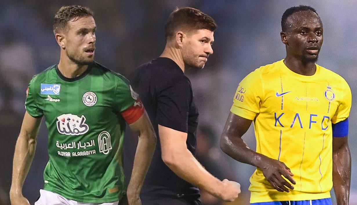 Foto kolase pemain Al-Ettifaq Jordan Henderson, Pelatih kepala Al-Ettifaq Steven Gerrard, dan Pemain Al-Nassr Sadio Mane pada laga pekan pertama Liga Arab Saudi 2023/2024 di Prince Mohamed bin Fahd Stadium, Dammam, Selasa (15/08/2023) dini hari WIB. (Foto: AFP dan Twitter)