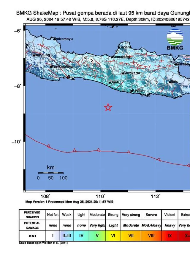 Gempa dengan magnitudo (M) 5,8 mengguncang DIY, Senin (26 Agustus 2024)