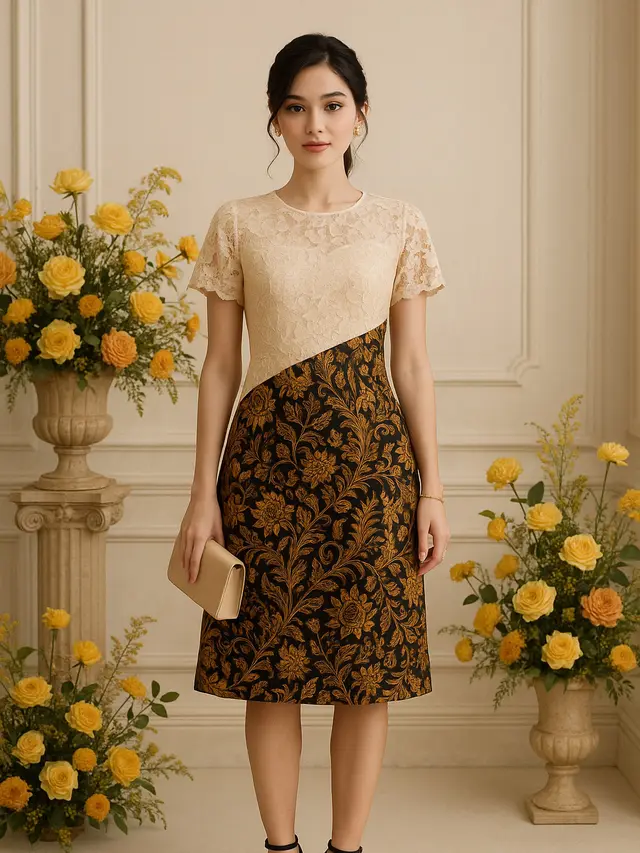 Model Dress Batik Kombinasi Brokat Lengan Pendek