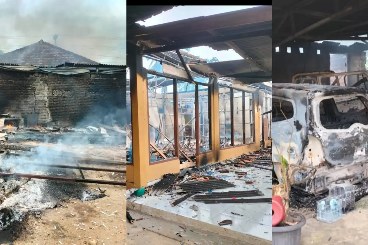 Tiga rumah dan sejumlah kendaraan roda empat serta roda dua hangus dibakar massa di Lampung Tengah. Foto : (Istimewa).