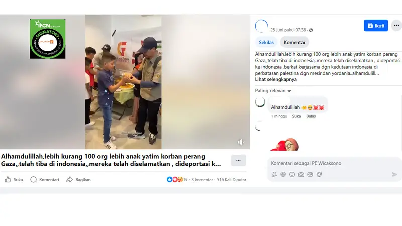 Tangkapan layar klaim video anak yatim korban perang Gaza tiba di Indonesia.