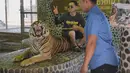 Dalam potongan gambar video terlihat petugas kebun binatang menusuk wajah harimau dengan tongkat kayu saat pengunjung berfoto bersama di Pattaya, Thailand. Harimau itu juga dipaksa duduk dan diikat rantai besi. (facebook.com/WildlifeFriendsFoundation)