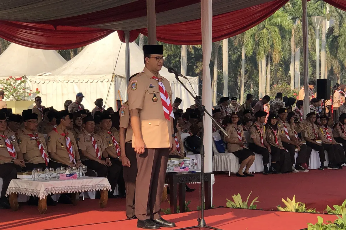Gubernur DKI Jakarta, Anies Baswedan menjadi pembina upacara Hari Pramuka ke-58 di Lapangan Silang Monas Selatan, Sabtu (31/8/2019).