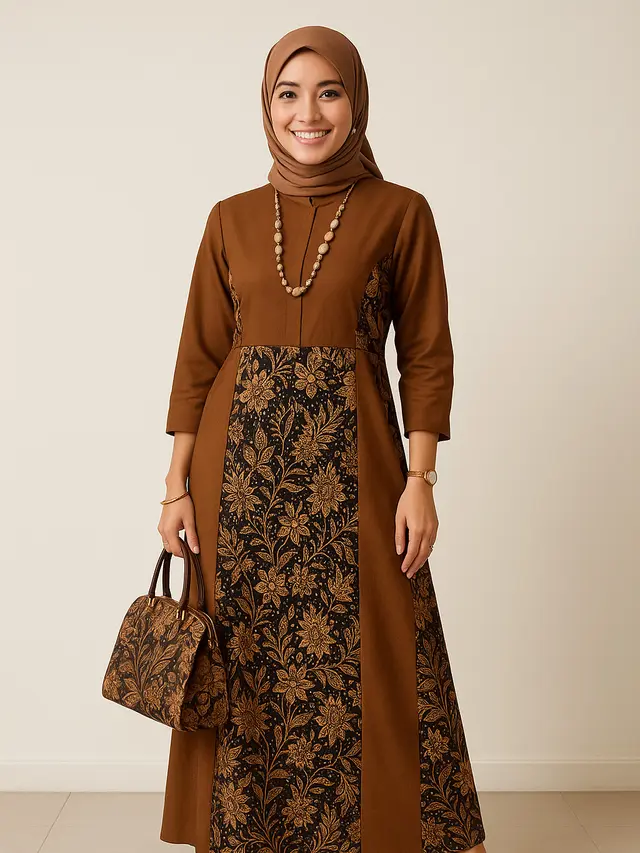 Model Gamis Batik Kombinasi Polos Kerah Shanghai 2025/ Ilustrasi gambar oleh AI