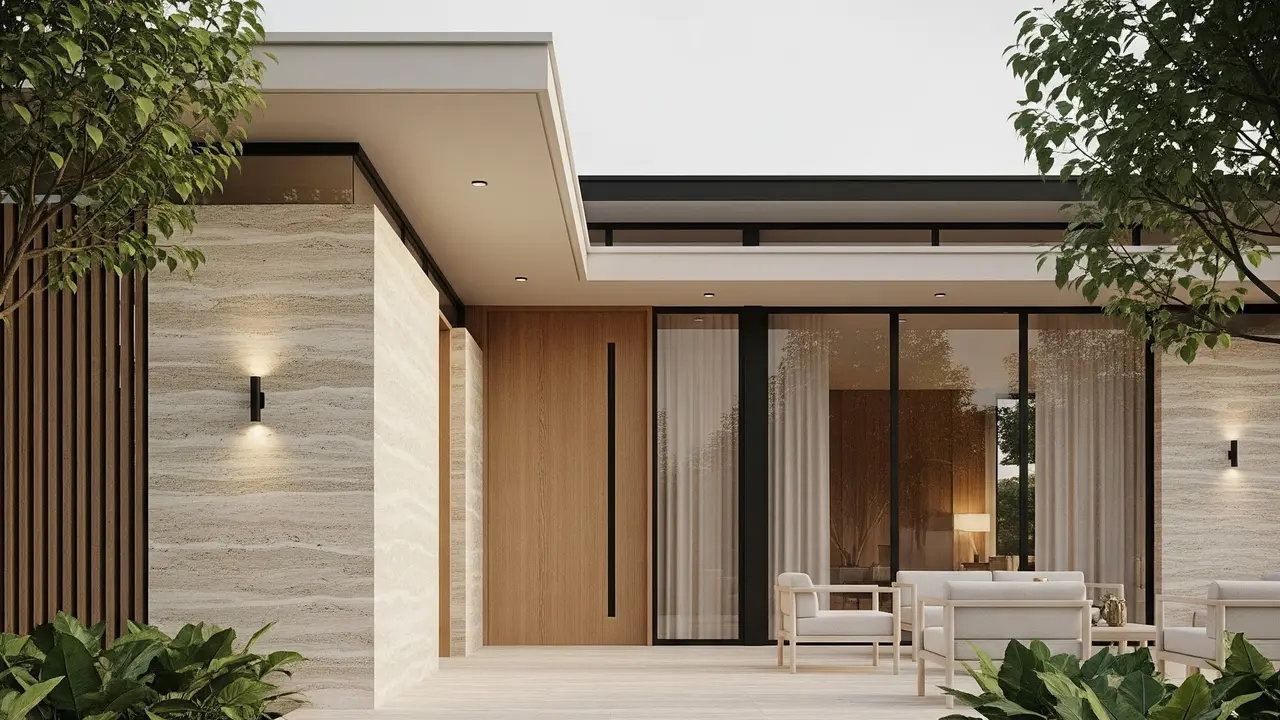 Model Rumah Minimalis dengan Tangga Depan Batu Alam (Image by Gemini AI)