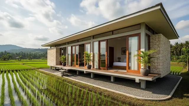 Model Rumah Tropis di Dekat Sawah yang Anti Ular Weling/ Ilustrasi AI
