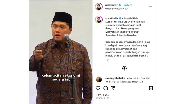 Tangkapan layar unggahan Instagram Menteri BUMN yang juga menjabat sebagai Ketua Masyarakat Ekonomi Syariah (MES) Erick Tohir @erickthohir, Jumat (19/5/2023).