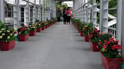 Pemerintah Daerah Ibukota Jakarta merias JPO di Bundaran HI dengan bunga-bunga sehingga tampak berbeda dan memberi nilai keindahan. Foto diambil pada Rabu (3/12/2014). (Liputan6.com/Johan Tallo)