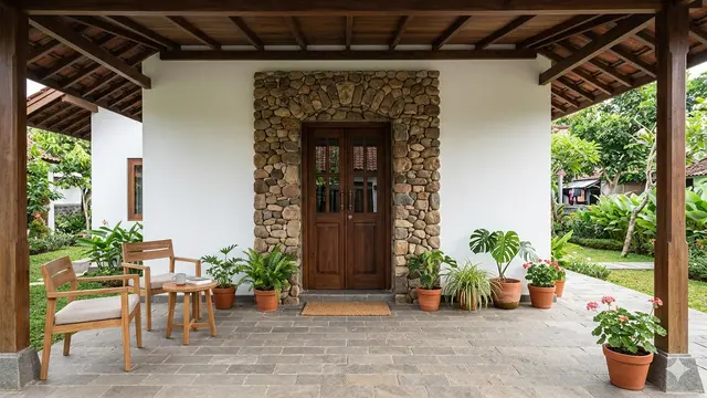 Inspirasi Teras Rumah Desa dengan Batu Alam yang Awet Bertahun-tahun. Gemini